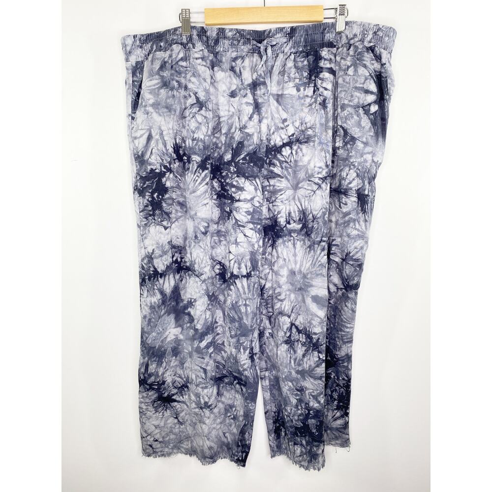 Royalty Collection Blue Tie Dye Linen Blend Raw Hem Pants Women's Plus Size 3X